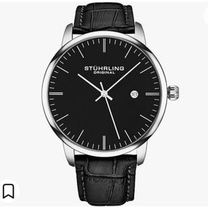 New mens watch, black leather and silver bezel